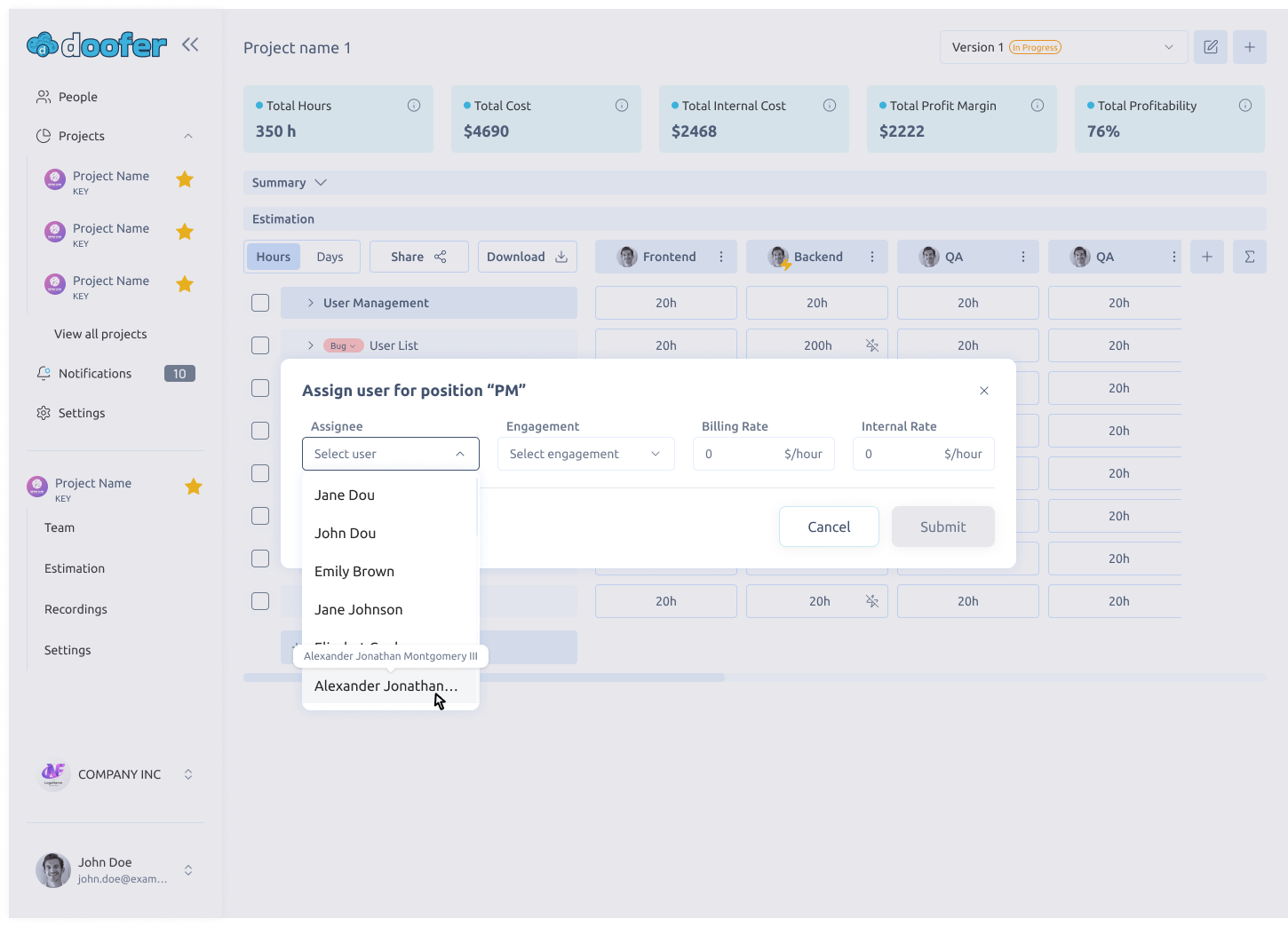 Assign real team to Your Doofer project estimates