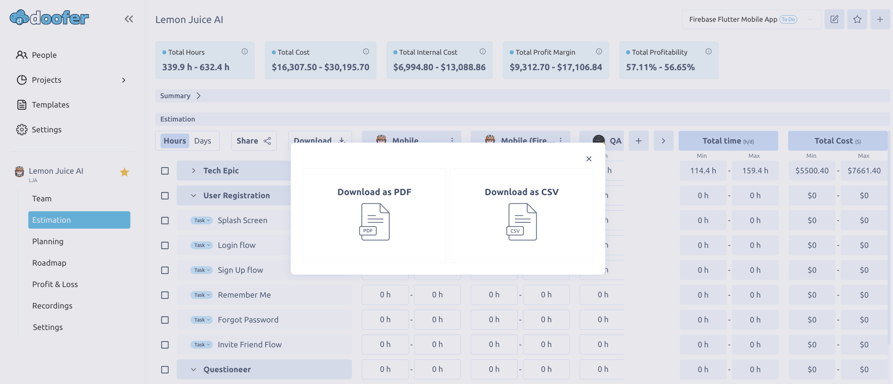 Doofer provide ability to export Your project estimates as PDF or even csv
